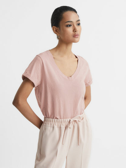 Reiss Featured - Cotton-Jersey V-Neck T-Shirt in Light Pink