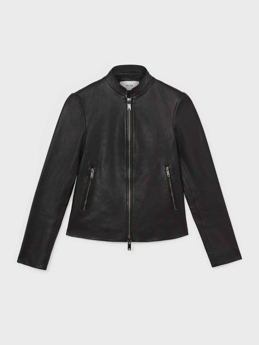 Reiss Affordable - Leather Collarless Biker Jacket in Black