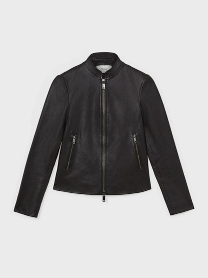 Reiss Affordable - Leather Collarless Biker Jacket in Black