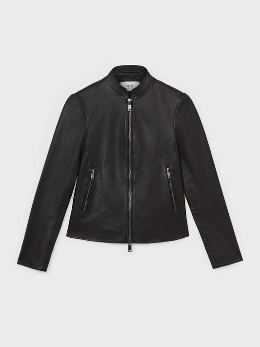Reiss Affordable - Leather Collarless Biker Jacket in Black