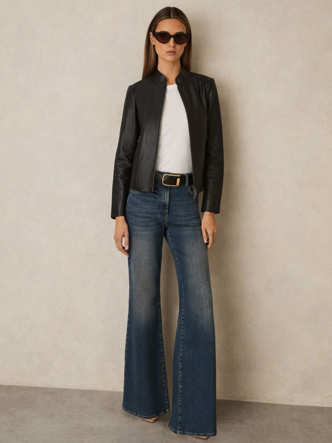 Reiss Affordable - Leather Collarless Biker Jacket in Black