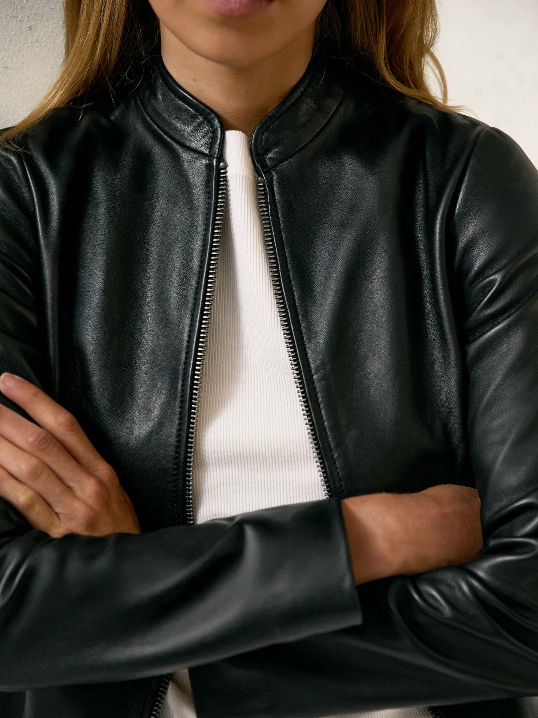 Reiss Affordable - Leather Collarless Biker Jacket in Black