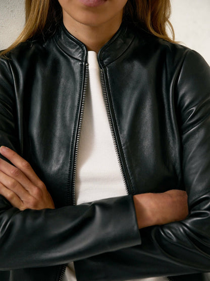 Reiss Affordable - Leather Collarless Biker Jacket in Black
