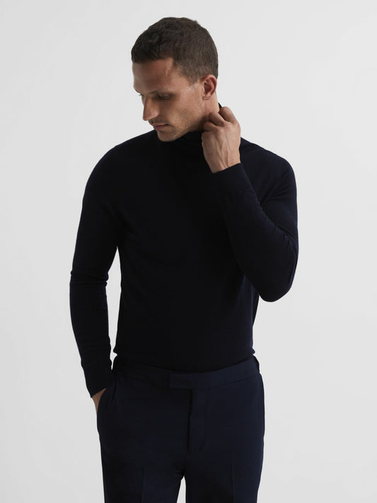 Reiss Affordable - Slim Fit Merino Wool Roll Neck Jumper in Navy