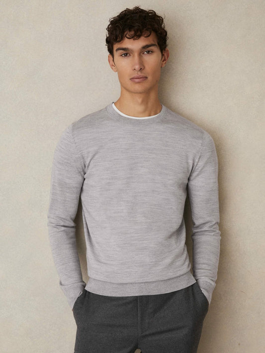 Reiss Sale - Merino Wool Crew Neck Jumper in Soft Grey Mouline