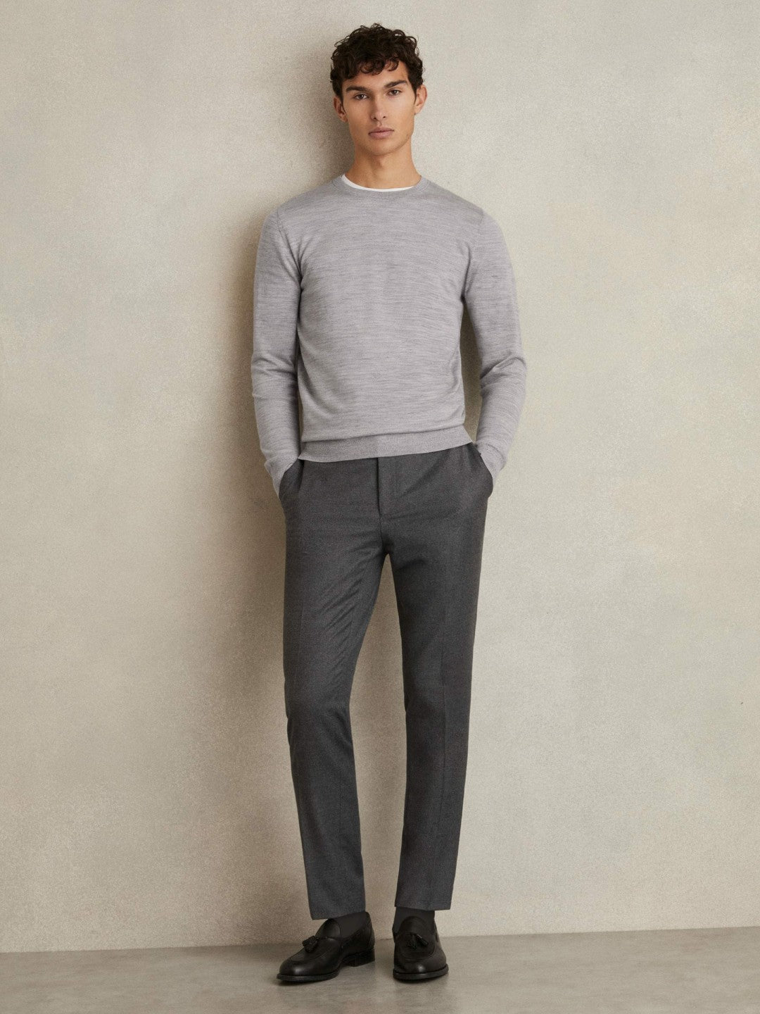 Reiss Sale - Merino Wool Crew Neck Jumper in Soft Grey Mouline