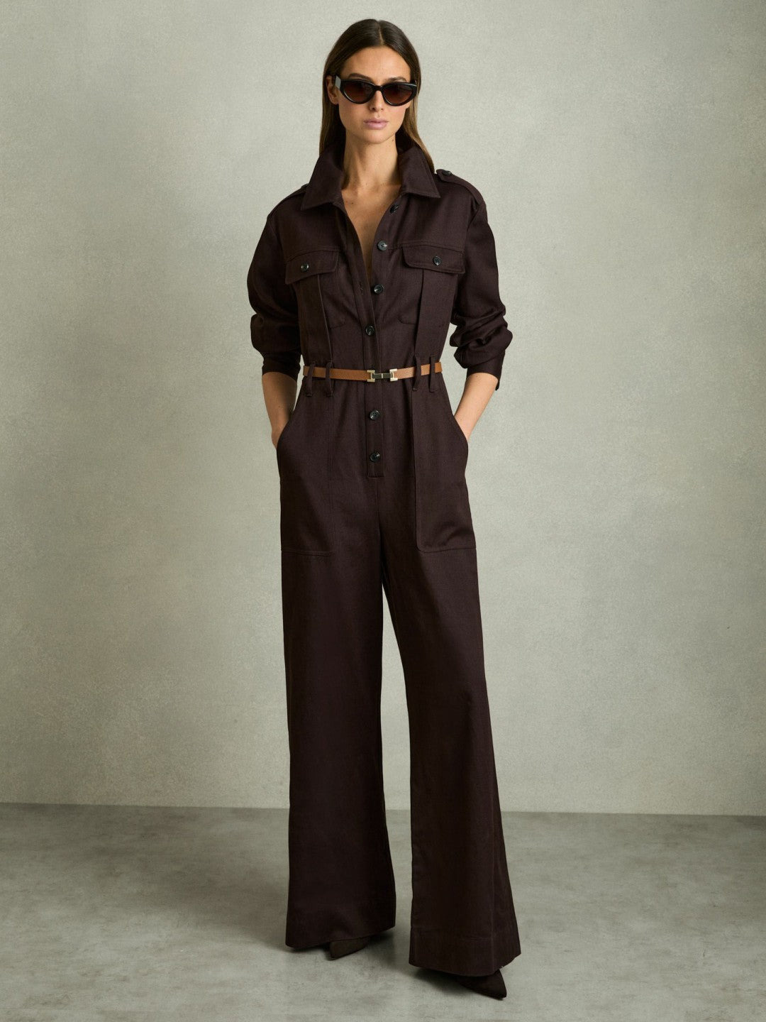 Reiss Deal - Leather Square Hinge Belt in Tan