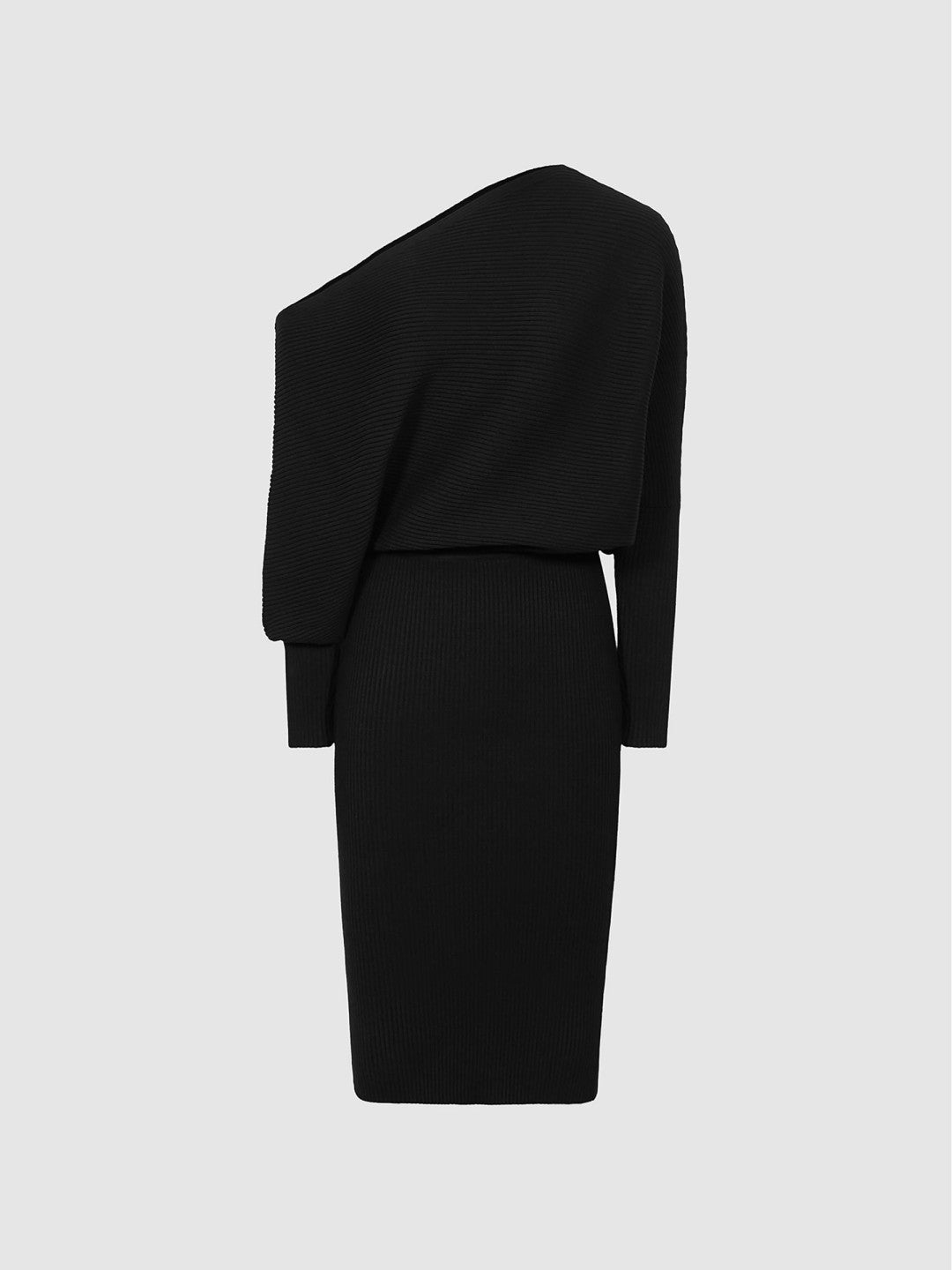 Reiss Off-The-Shoulder Ribbed Midi Dress in Black