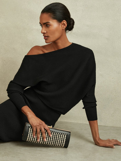 Reiss Off-The-Shoulder Ribbed Midi Dress in Black