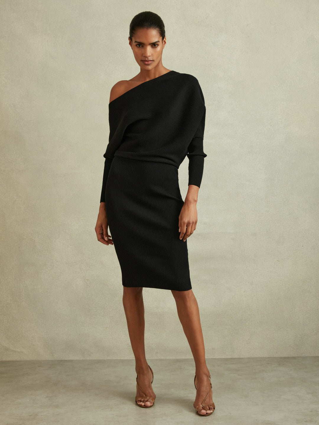Reiss Off-The-Shoulder Ribbed Midi Dress in Black