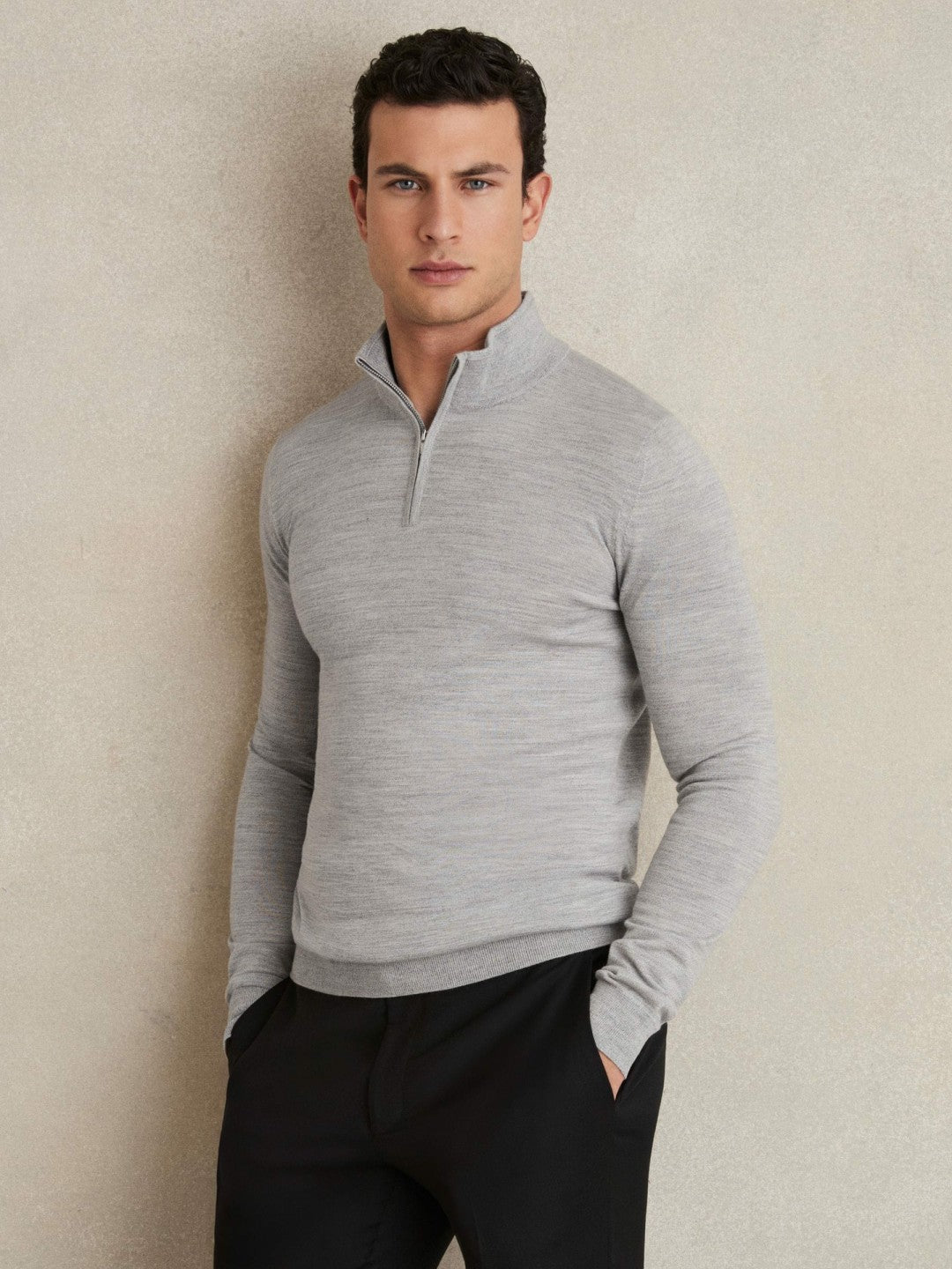 Reiss Sale - Merino Wool Half-Zip Jumper in Soft Grey Mouline