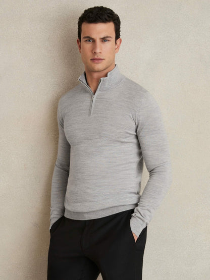 Reiss Sale - Merino Wool Half-Zip Jumper in Soft Grey Mouline