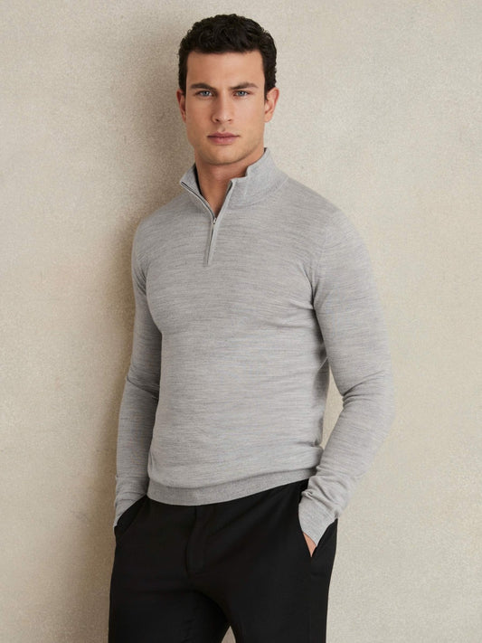 Reiss Sale - Merino Wool Half-Zip Jumper in Soft Grey Mouline
