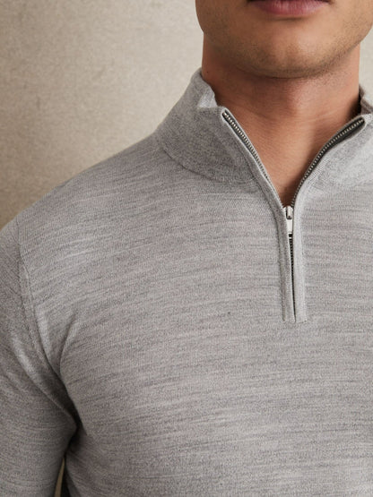 Reiss Sale - Merino Wool Half-Zip Jumper in Soft Grey Mouline