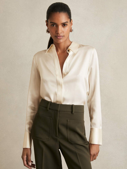 Reiss Offer - Silk-Satin Concealed-Placket Shirt in Ivory