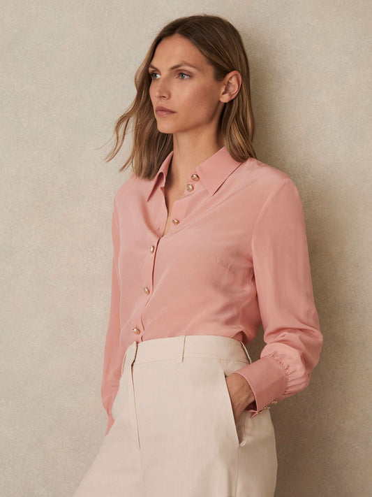 Reiss Savings - Silk Embossed-Button Shirt in Pink