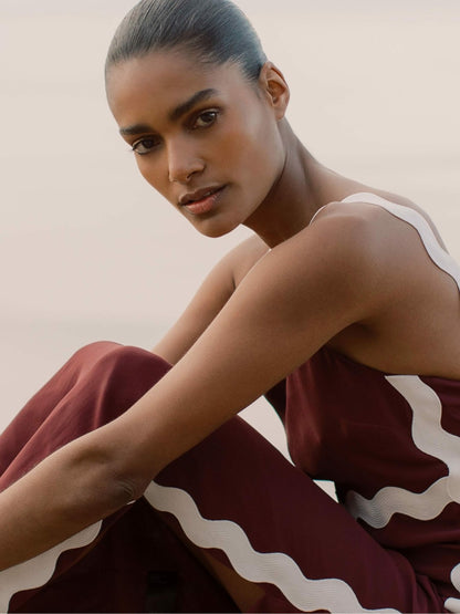 Reiss Wave-Trim Crepe Midi Dress in Burgundy