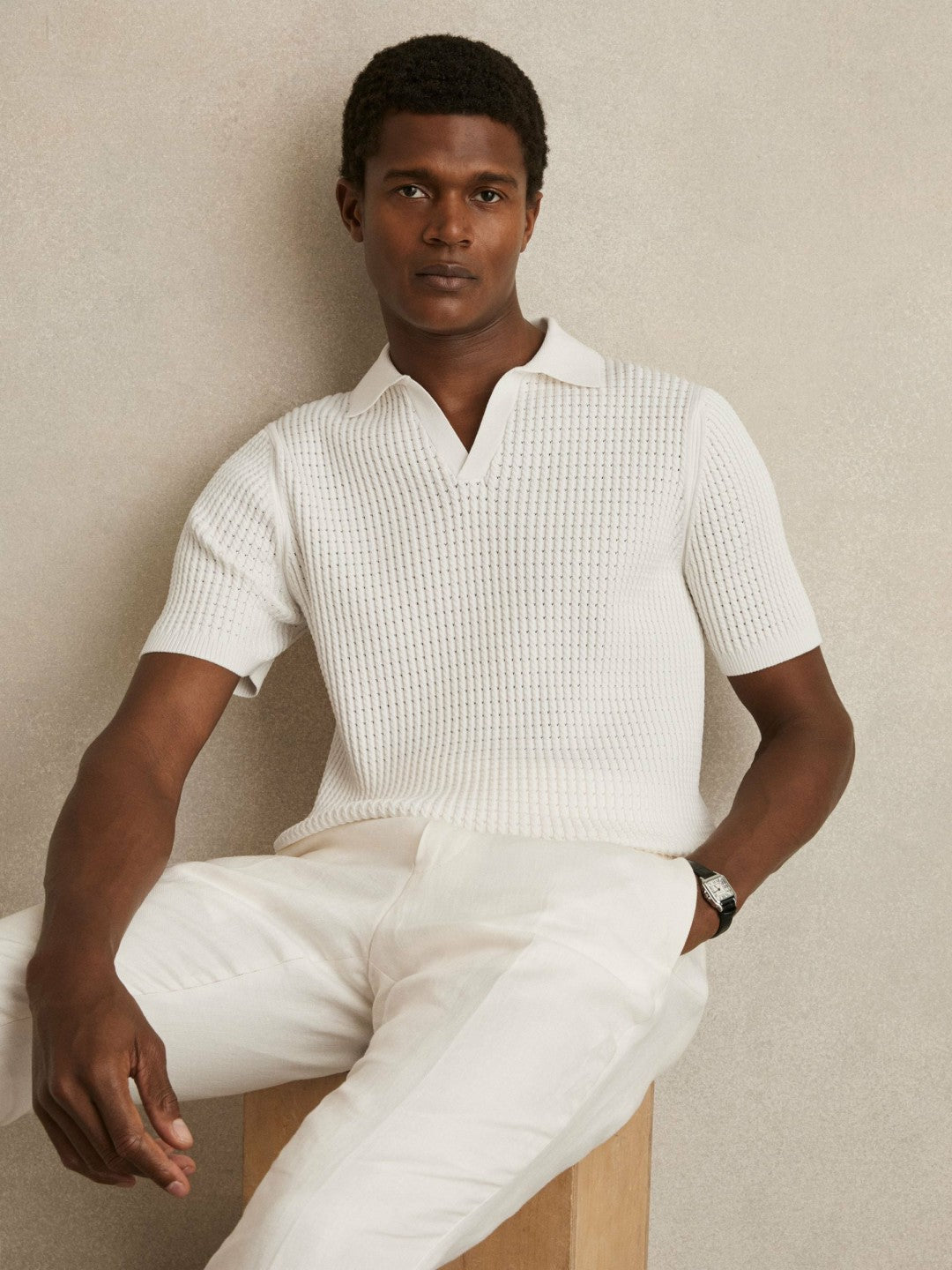 Reiss Affordable - Micro-Cable Open-Collar Cotton-Blend Shirt in White