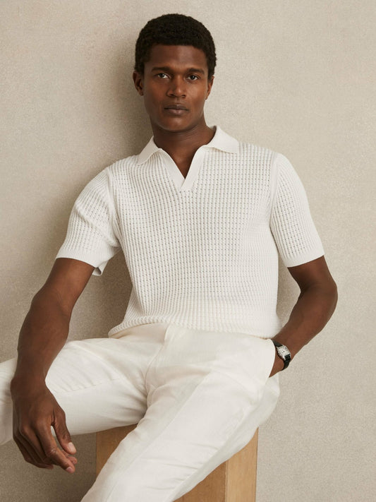Reiss Affordable - Micro-Cable Open-Collar Cotton-Blend Shirt in White