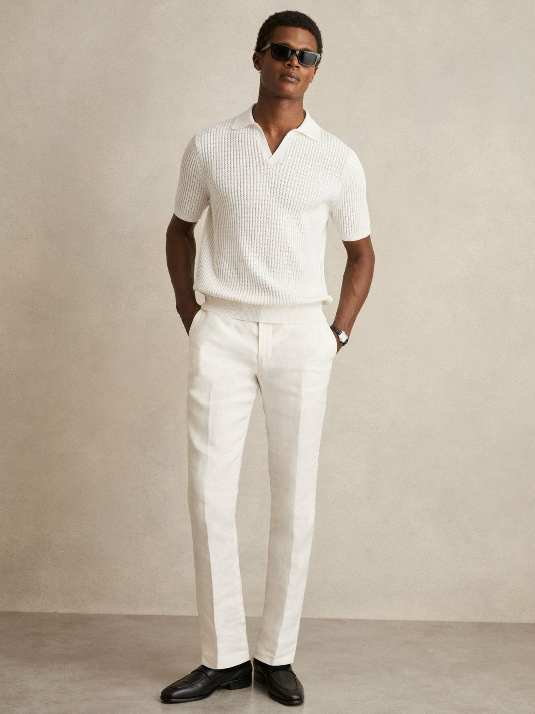 Reiss Affordable - Micro-Cable Open-Collar Cotton-Blend Shirt in White