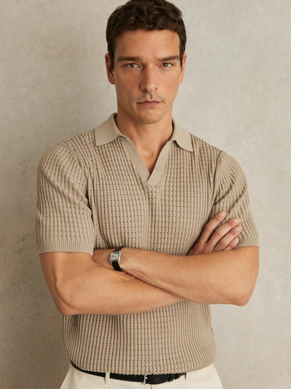 Reiss Offer - Micro-Cable Open-Collar Cotton-Blend Shirt in Light Camel Brown