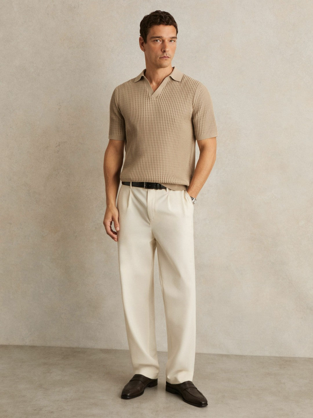 Reiss Offer - Micro-Cable Open-Collar Cotton-Blend Shirt in Light Camel Brown