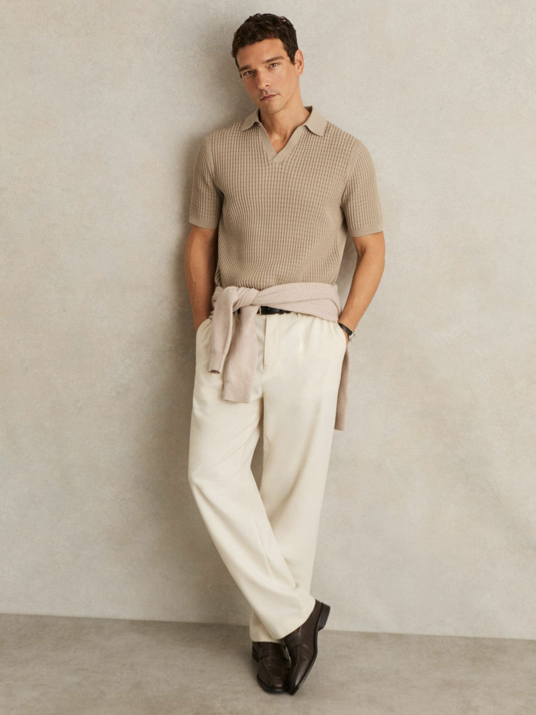 Reiss Offer - Micro-Cable Open-Collar Cotton-Blend Shirt in Light Camel Brown