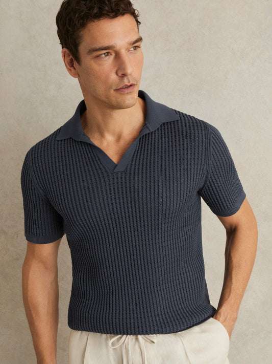 Reiss Deal - Micro-Cable Open-Collar Cotton-Blend Shirt in Dark Airforce Blue