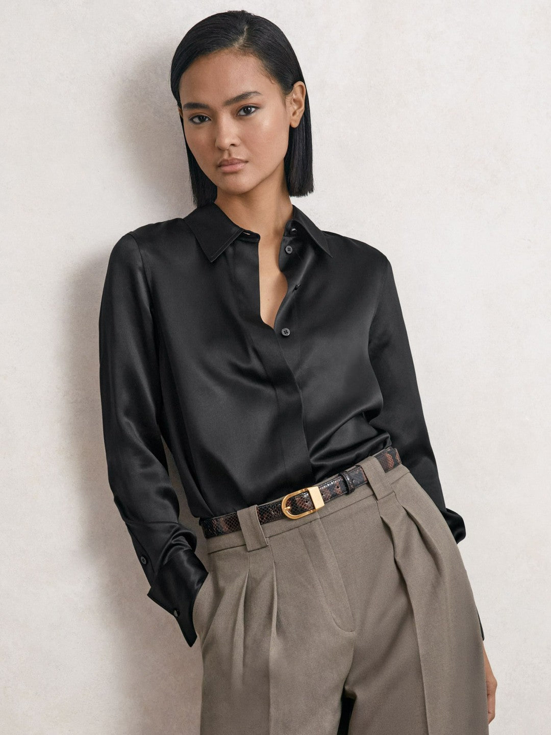 Reiss Affordable - Silk-Satin Concealed-Placket Shirt in Black