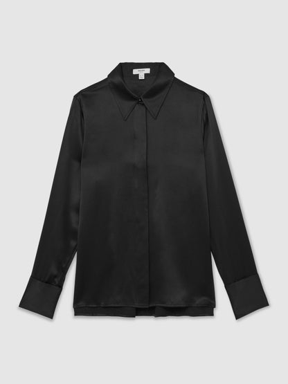 Reiss Affordable - Silk-Satin Concealed-Placket Shirt in Black