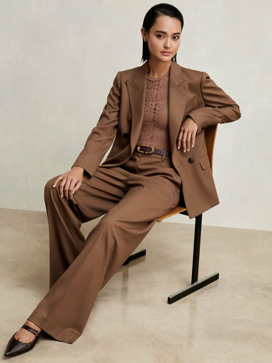 Reiss Value - Petite Wool-Blend Wide-Leg Suit Trousers in Tan