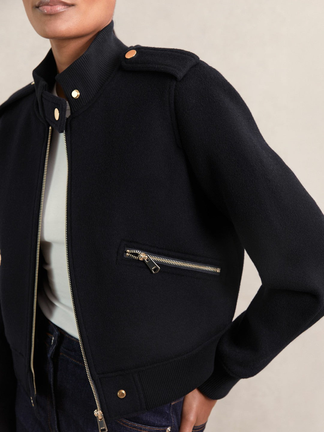 Reiss Sale - Brushed Wool Epaulette Bomber Jacket in Navy