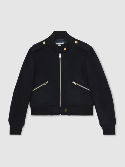 Reiss Sale - Brushed Wool Epaulette Bomber Jacket in Navy