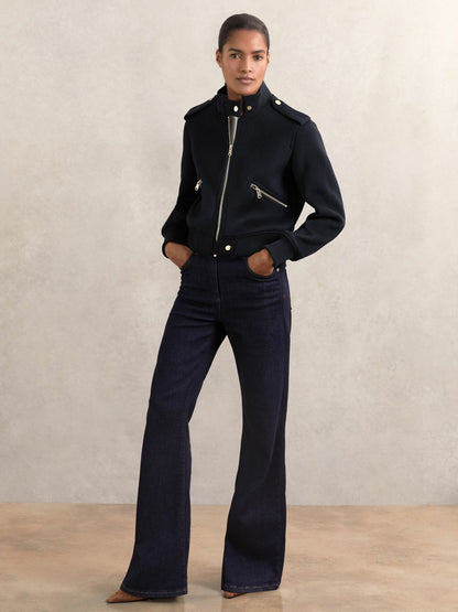 Reiss Sale - Brushed Wool Epaulette Bomber Jacket in Navy
