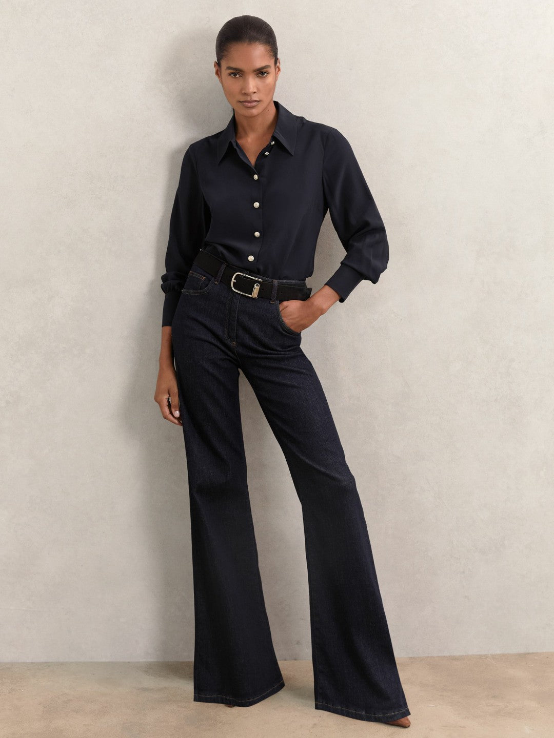 Reiss Silk Embossed-Button Shirt in Navy