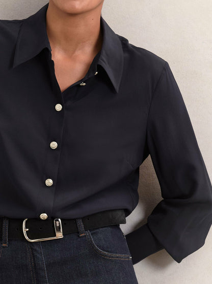 Reiss Silk Embossed-Button Shirt in Navy
