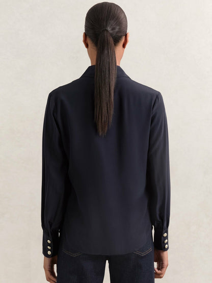 Reiss Silk Embossed-Button Shirt in Navy