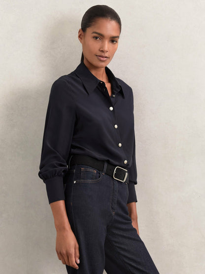Reiss Silk Embossed-Button Shirt in Navy