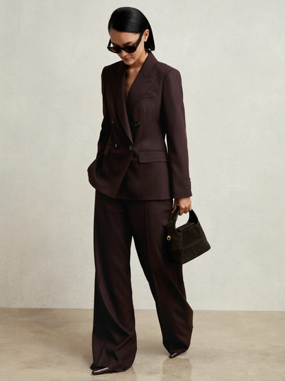 Reiss Wool-Blend Wide-Leg Suit Trousers in Aubergine