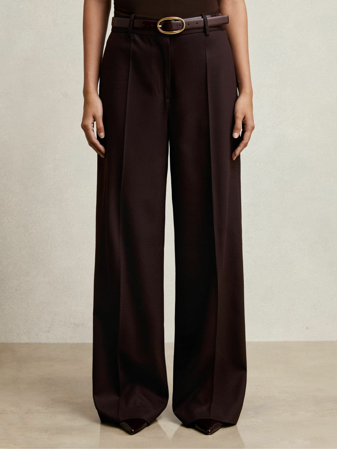 Reiss Wool-Blend Wide-Leg Suit Trousers in Aubergine
