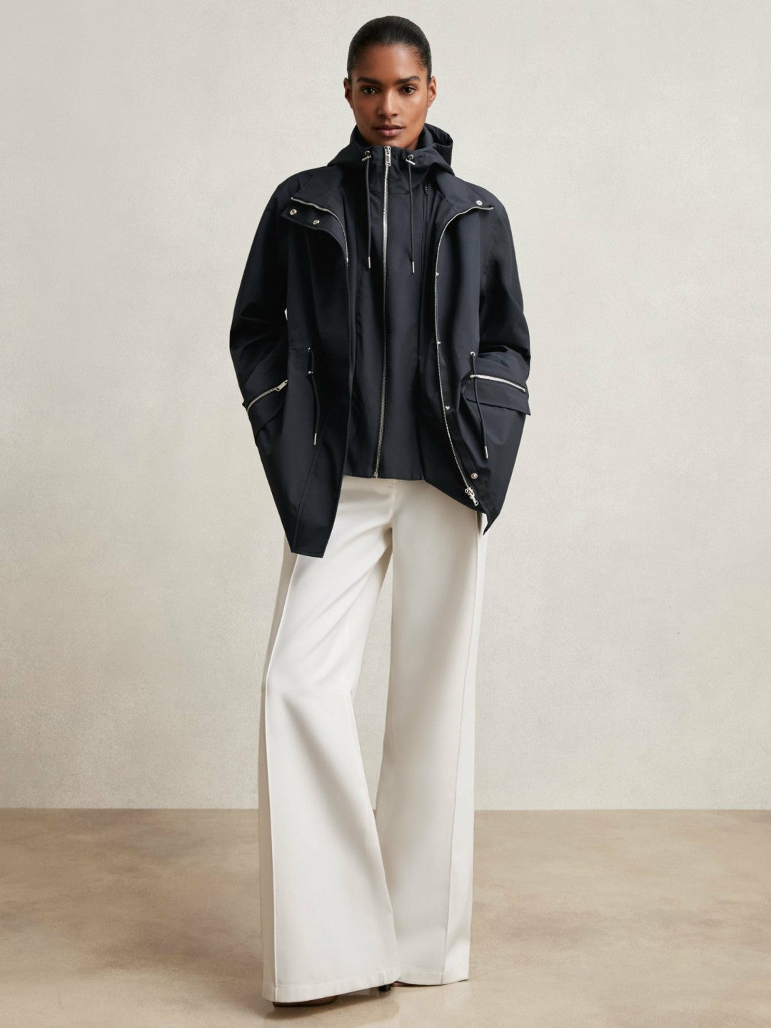Reiss Removable-Hood Rain Coat in Navy