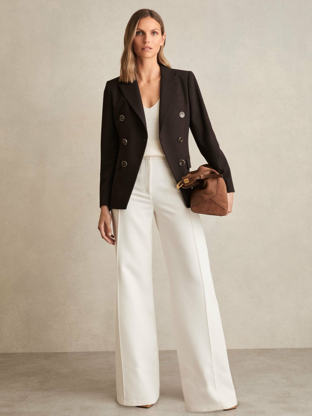 Reiss Deal - Petite Wool-Blend Double-Breasted Blazer in Chocolate Brown