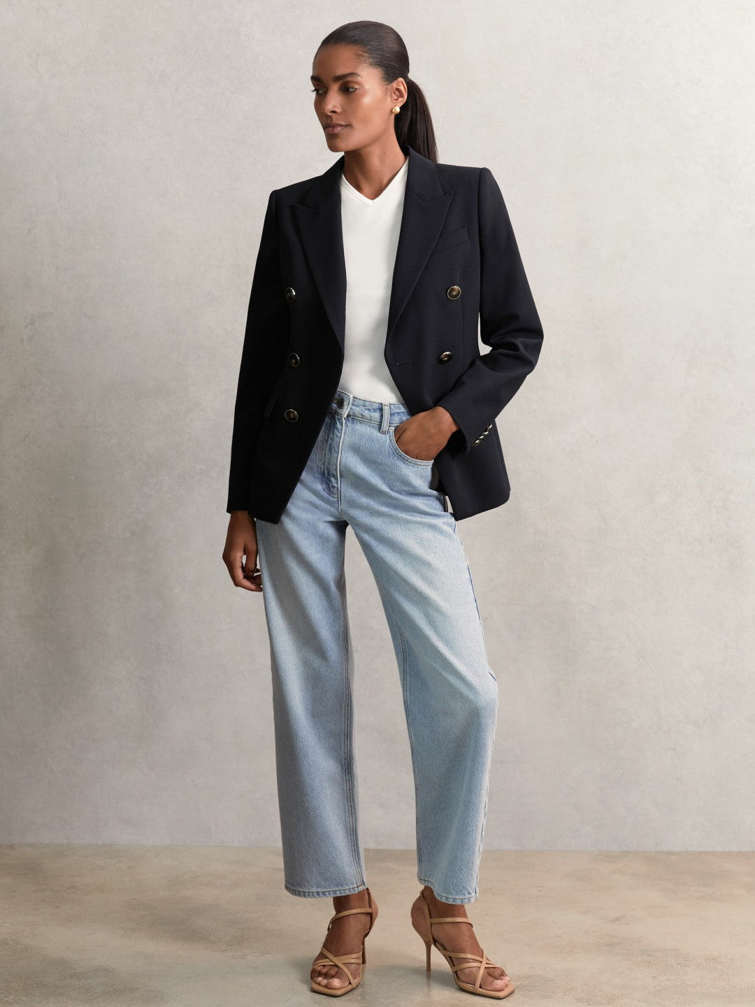 Reiss Affordable - Wool-Blend Double-Breasted Blazer in Navy