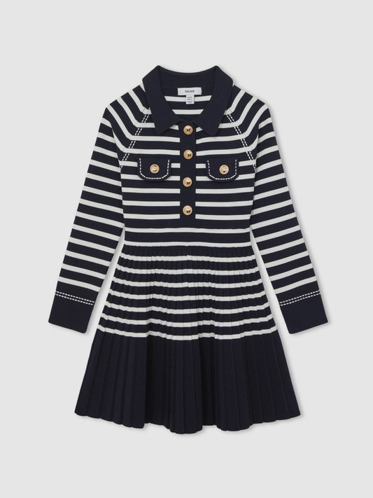 Reiss Affordable - 9-13 yrs Button-Detail Stripe Knitted Dress in Navy/White