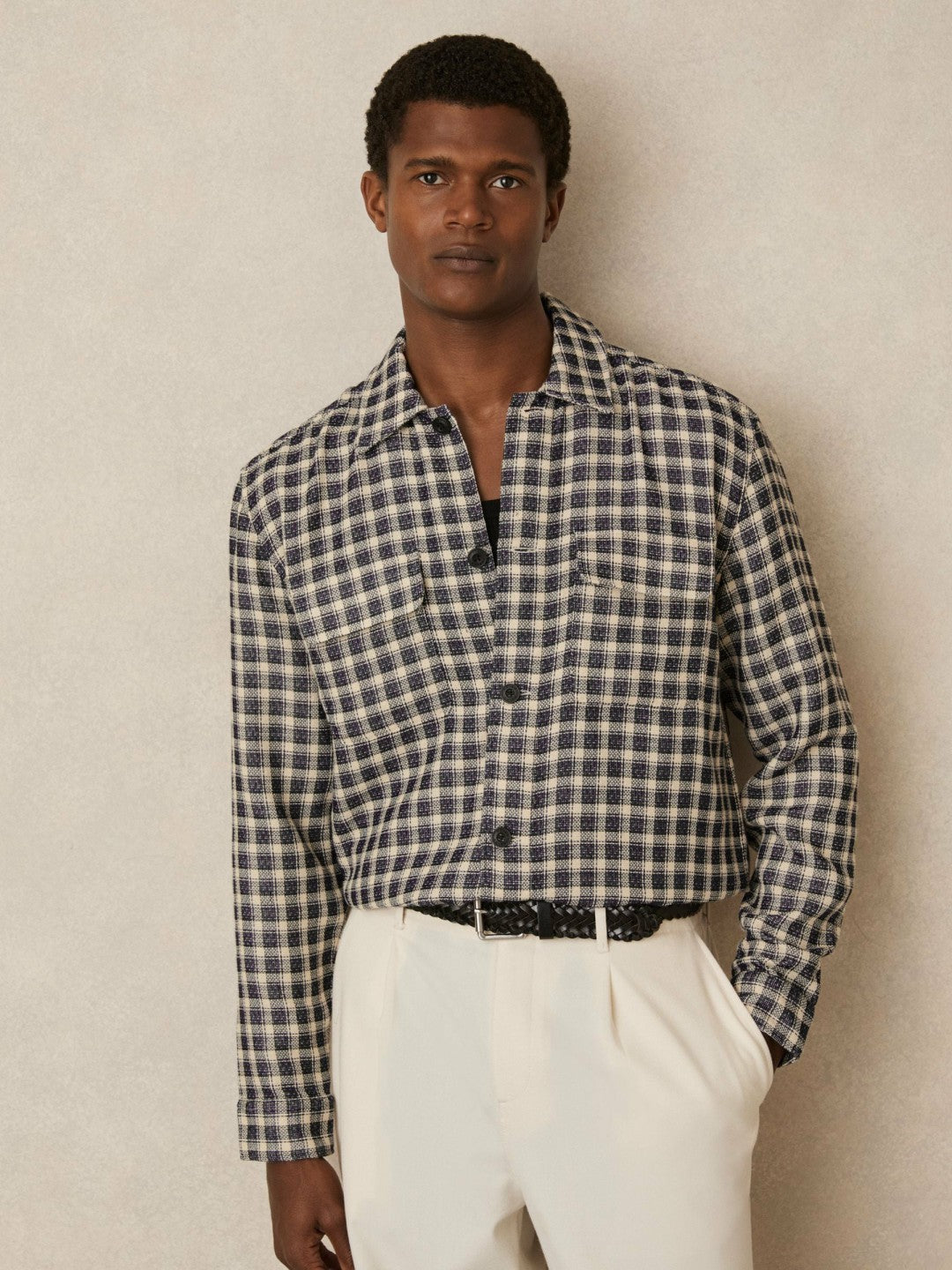 Reiss Savings - Woven Check Twin Pocket Overshirt in Navy/White