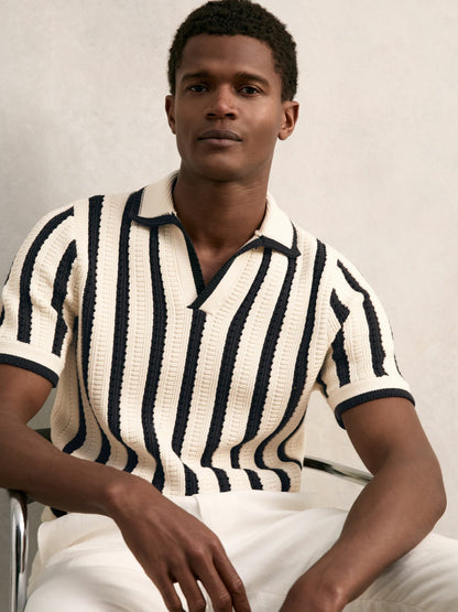 Reiss Best Seller - Cotton Blend Stripe Knit Polo Shirt in Off White/Navy