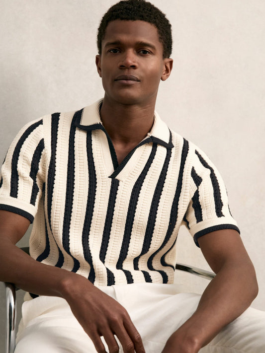 Reiss Best Seller - Cotton Blend Stripe Knit Polo Shirt in Off White/Navy