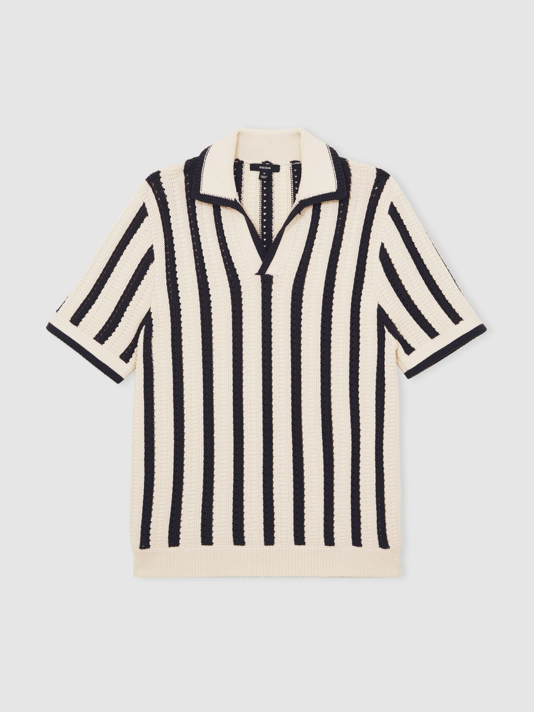 Reiss Best Seller - Cotton Blend Stripe Knit Polo Shirt in Off White/Navy