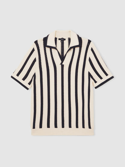 Reiss Best Seller - Cotton Blend Stripe Knit Polo Shirt in Off White/Navy