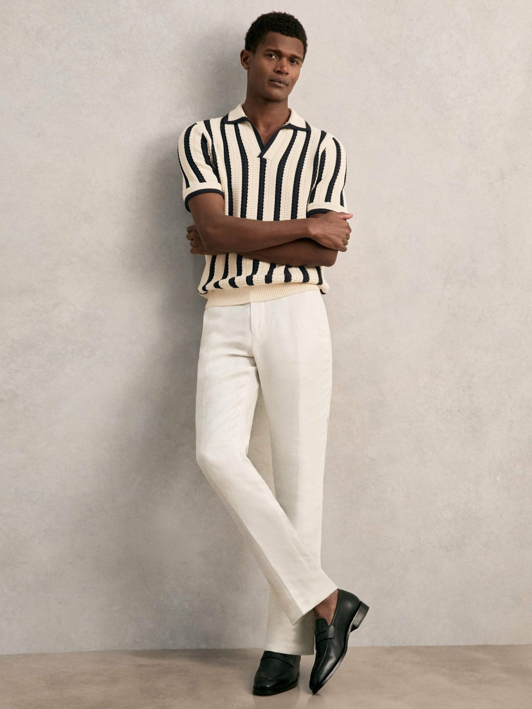Reiss Best Seller - Cotton Blend Stripe Knit Polo Shirt in Off White/Navy